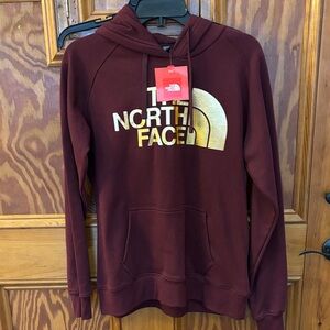 The North Face Maroon Hoodie with Gold Emblem